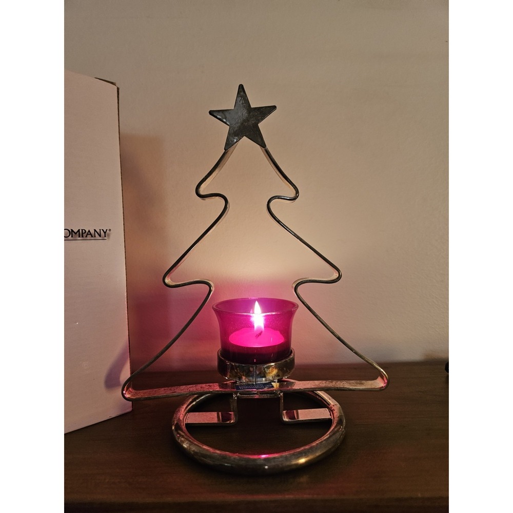 International Silver Co Christmas Tree Votive Candle Holder Red Glass Silver